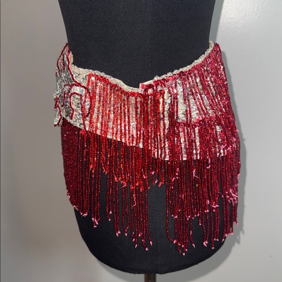 Vintage Beaded Burlesque Fringe Belt | Showgirl Stage Costume | Red & Silver